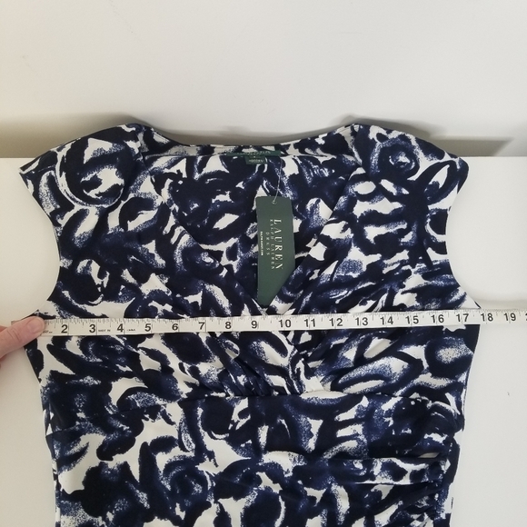 NWT Lauren Ralph Lauren Navy Print Stretch Sheath Dress Side Ruched Cap Sleeve 8 - Picture 4 of 15